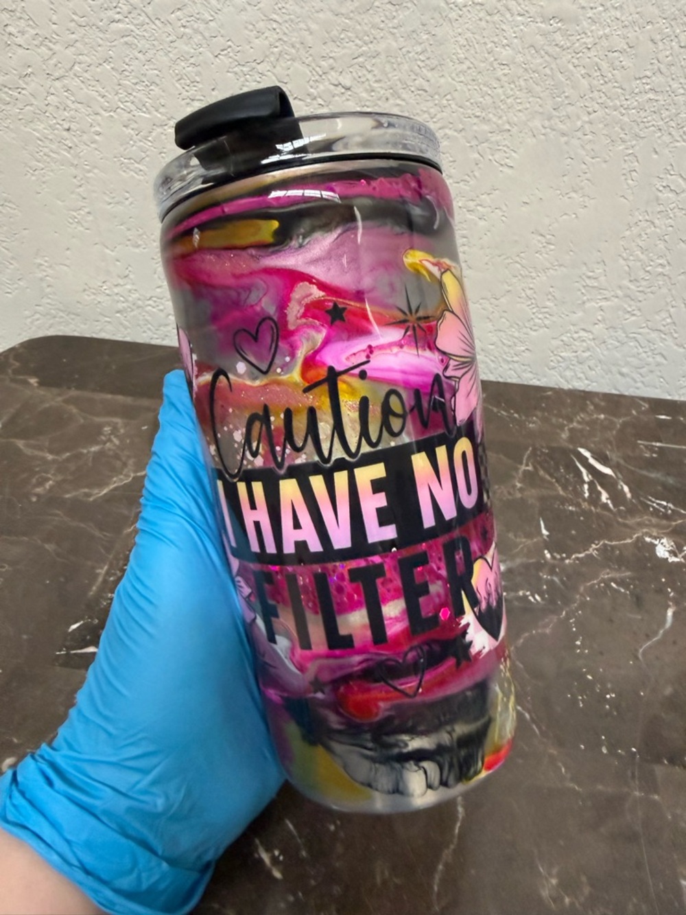 Caution I Have No Filter Pink Marble 4in1 Convertible Can Cooler Tumbler Cup